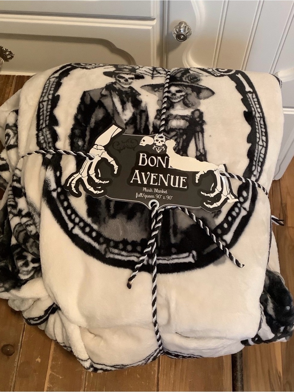 Bone Avenue Black and White Plush Throw with Skeleton Motif